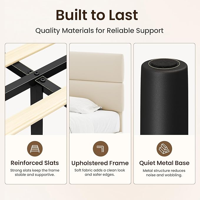 GRUSIGN Full Size Platform Bed Frame with Velvet Headboard, Adjustable Height Wooden Slats Support, Upholstered Mattress Foundation, Fits Mattress or Mattress with Box Spring, Easy Assembly, Beige