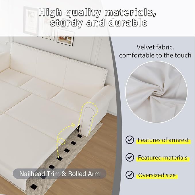 93.7" King Pull Out Sofa Bed, Velvet Sleeper Sofa Couch, 3 in 1 Convertible Futon Couches for Living Room, Small Space, Apartment, Office, Bedroom, Modern Rivet Armrest, Beige