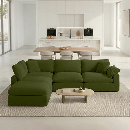 143" Cloud Modular Sectional Sofa,Green Down Filled Sofa 4 Seat with Chaise,Minimalist Sofa Cover Washable and Replaceable Couches for Living Room,Sectional Sofa Deep Seat