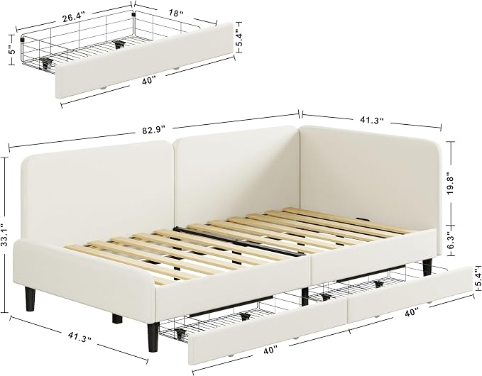 LIKIMIO Twin XL Daybed with Headboard, Corner Bed Frame with Bed Rails and Storage Drawers, Solid Support, for Bedroom Guest Room, Cream