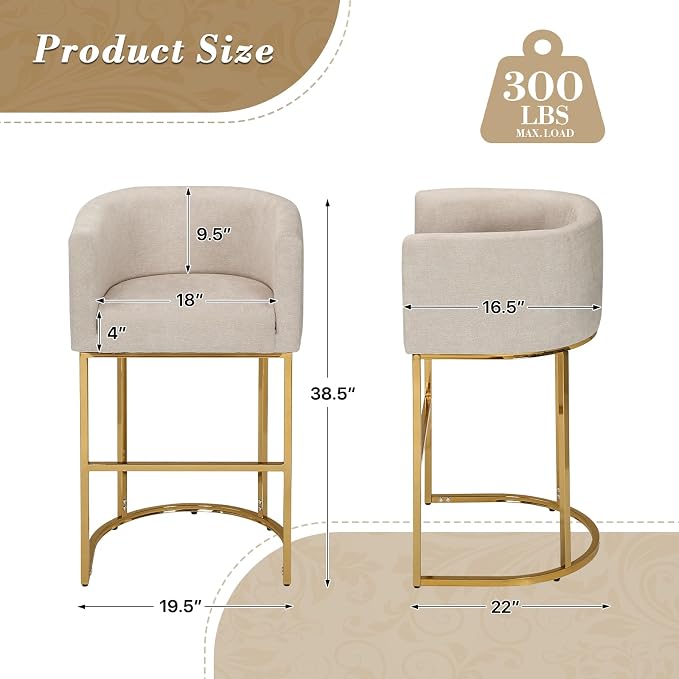 Athena Collection Counter Height Bar Stools Set of 2, 29 Inches Upholstered Barstool Set of 2 with Back and Metal Base, Modern Bar Stool Chairs for Kitchen Island, Dining Room, White