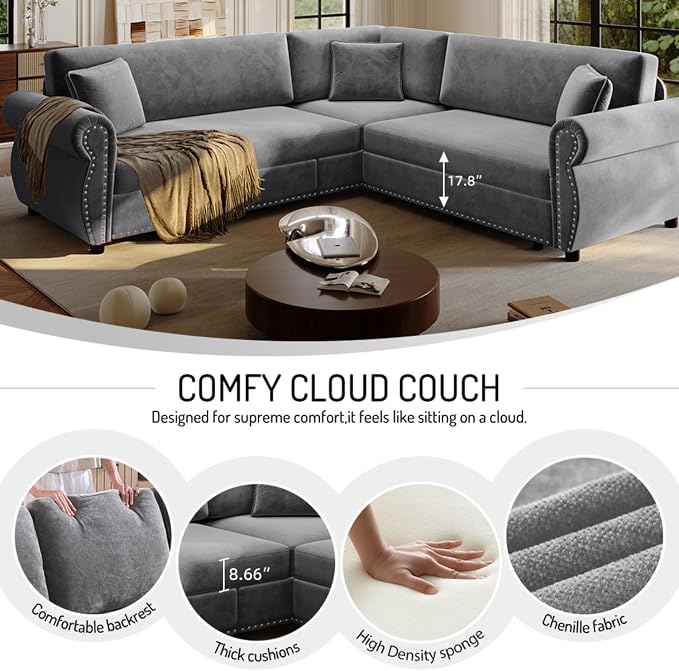 88.2" Sectional Sleeper Sofa with Pull Out Bed - Oversize L-Shaped Convertible Sleeper Couch Bed, Button Tufted Chesterfield Sofa, Chenille Vintage Couches for Living Room(4-Seater, Light Grey)