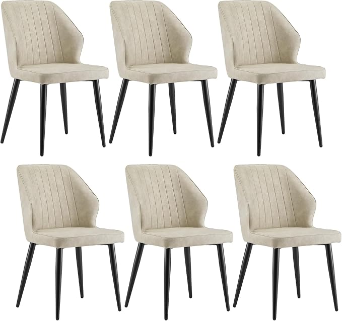 CLIPOP Faux Leather Dining Chairs Set of 6, Leather Dining Chairs, Mid-Century Modern Dining Room Chairs, Upholstered Kitchen Chairs with Metal Legs, Leisure Chair for Guest Reception Room - Beige