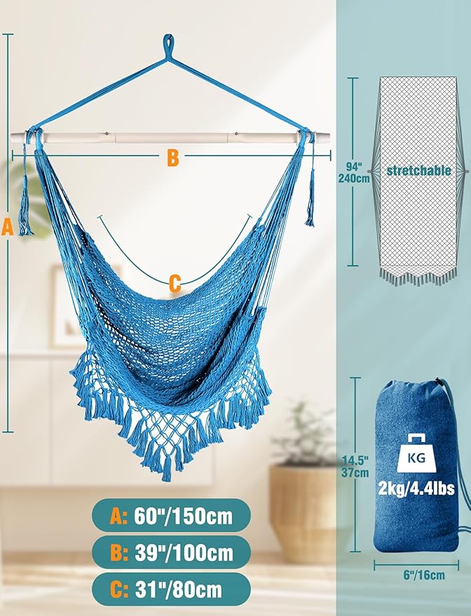 Chihee Hammock Chair Handmade Hanging Chair Cotton Rope Woven Hanging Seat Soft-Spun Large Stretch Hammock Swing, Collapsible Strong Metal Spreader Bar Elegant Macrame Comfort Indoor Outdoor Garden