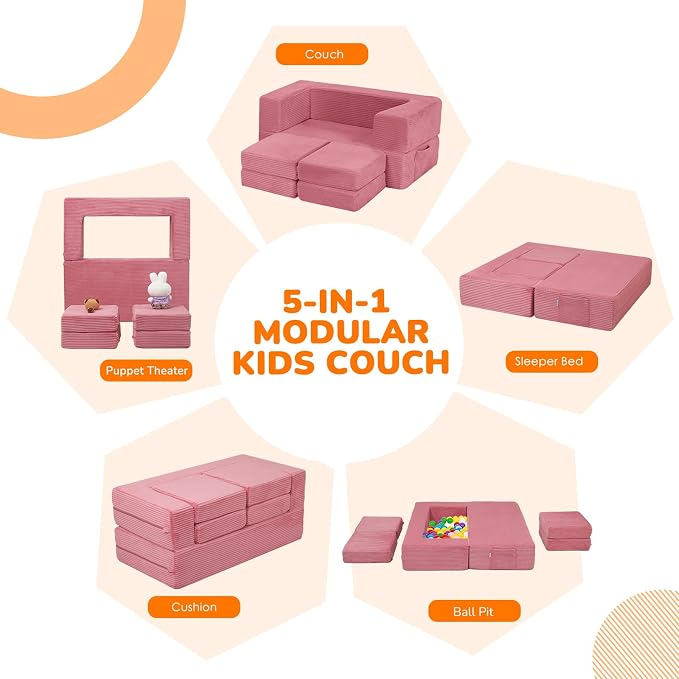 MeMoreCool Pink Corduroy Kids Play Couch, Modular Toddler Couch for Girl's Bedroom, Convertible Foam Kids Sofa Fold Out, Washable Cover, Playroom Furniture for Girls Ages 1-5