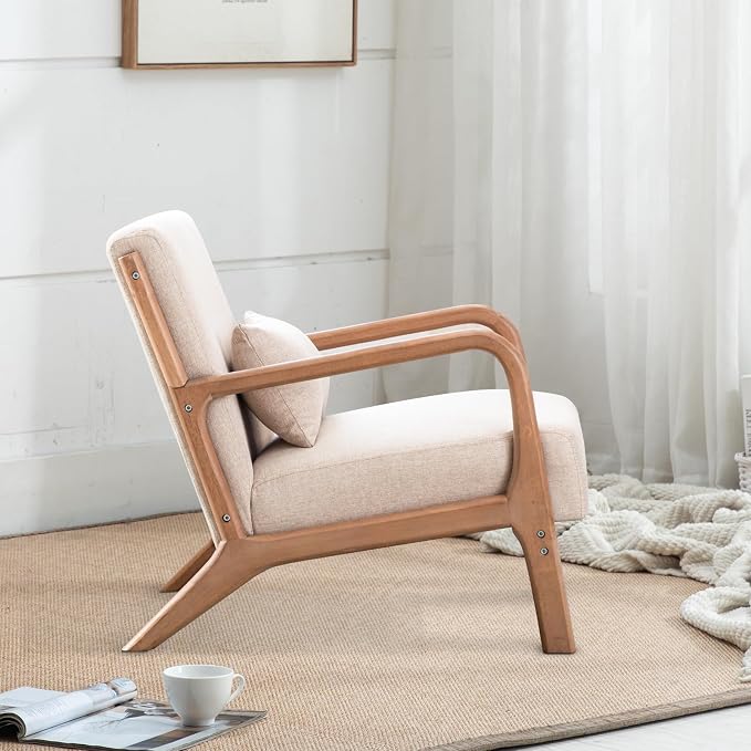 INZOY Mid Century Modern Accent Chair with Wood Frame, Upholstered Living Room Chairs with Waist Cushion, Reading Armchair for Bedroom Sunroom (Beige)