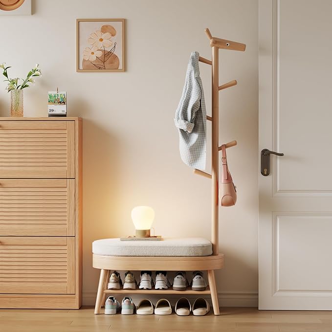 AQIMUELE Shoe Rack with Coat Rack, Wooden Shoe Bench with Upholstered Cushion, 3-in-1, 2-Tier Shoe Storage and Cute Animal Hooks for Entryway, Hallway, Closet (Natural 32.2")