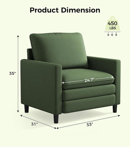 Welzona 3-Layers Cloud Accent Chair, 33" Reading Chair for Bedroom, Living Room - Tool-Free Assembly with Teddy Fabric Couch Chair - Green - Arm Chairs - Removable Washable Covers - 450lb Capacity