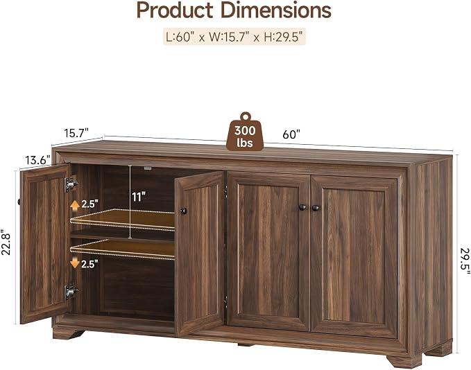 ONBRILL 60" Buffet Cabinet with Storage, 4 Doors Sideboard Buffet Cabinet with Adjustable Shelves, Modern Coffee Bar Console Table for Living Room, Kitchen, Entryway, Brown
