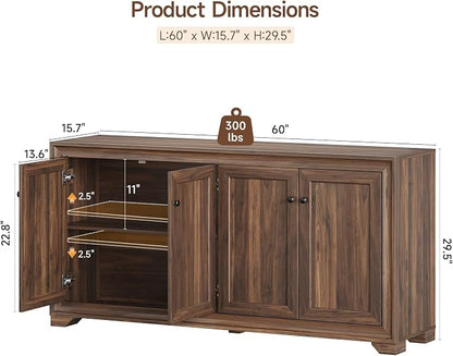 ONBRILL 60" Buffet Cabinet with Storage, 4 Doors Sideboard Buffet Cabinet with Adjustable Shelves, Modern Coffee Bar Console Table for Living Room, Kitchen, Entryway, Brown