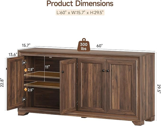 ONBRILL 60" Buffet Cabinet with Storage, 4 Doors Sideboard Buffet Cabinet with Adjustable Shelves, Modern Coffee Bar Console Table for Living Room, Kitchen, Entryway, Brown