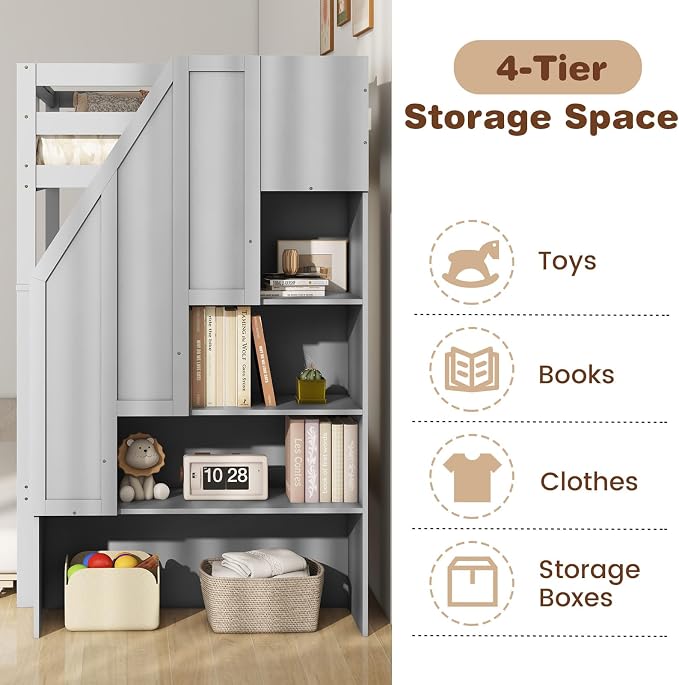 Giantex Bunk Bed Twin Over Twin with Trundle & Storage Stairs, Solid Wood Bunk Bed, Convertible to 2 Beds, Versatile Bunk Beds for Kids Teens Adults, Grey