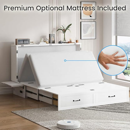 PUREMIND Queen Murphy Bed with Mattress Included, Solid Wood Cabinet Bed with Storage Drawer, USB Charging Ports and Folding Tray, Space Saving Hideaway Murphy Beds Cabinet for Guest Room