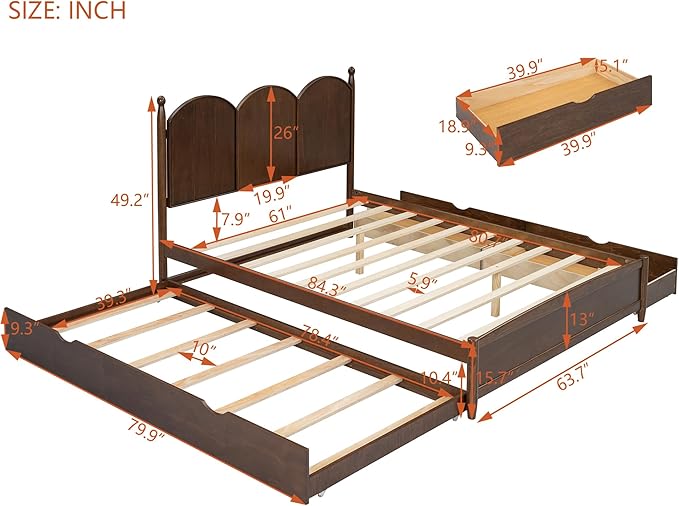 Merax Queen Size Platform Bed with 2 Storage Drawers and Twin XL Size Trundle, Rustic Design Wooden Bed Frame, Walnut