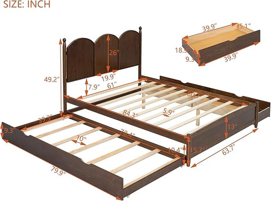 Merax Queen Size Platform Bed with 2 Storage Drawers and Twin XL Size Trundle, Rustic Design Wooden Bed Frame, Walnut