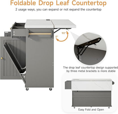ONBRILL 60" Kitchen Island with Power Outlet & Drop Leaf, Rolling Island with Spice Rack & Towel Rack, Kitchen Island Cart with Trash Storage Cabinet, Island Table for Kitchen, Grey+Imitation Marble