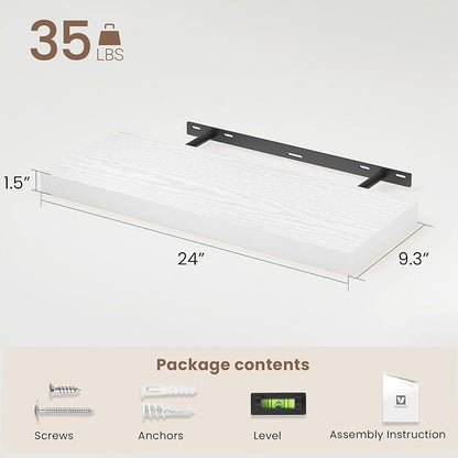 Vivelove White Floating Shelves for wall, 24 Inch Wall Display Shelves with Invisible Brackets, for Bathroom Living Room Kitchen Bedroom Office Farmhouse Home Decor, 24X9.3X1.5 - Set of 2, White