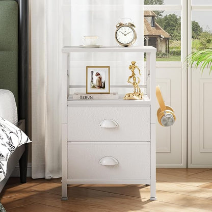 Furologee Nightstand Bedside Table with 2 Fabric Drawers, White Side Table with 2-Tier Shelf, Night Stand with Hooks, for Bedroom, Living Room, Backboard Design, Wooden Top, Metal Frame, White