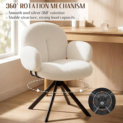 Cute Desk Chair No Wheels Set of 2, 360° Swivel Accent Chairs with Arms, Modern Upholstered Dining Room Chairs with Tufted Cushion, Accent Chairs for Home Office/Bedroom/Kitchen, Teddy Sherpa, Beige