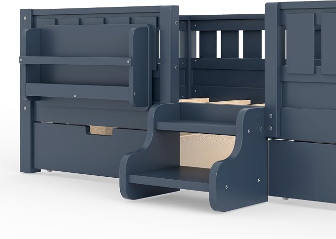 Bellemave Twin Floor Bed with Stairs, Rails and Slats, Twin Size Montessori Floor Bed with Bookshelf and 2 Storage Drawers, Easy Assemble Montessori Beds Frame for Girls, Boys, Blue