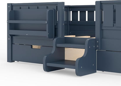 Bellemave Twin Floor Bed with Stairs, Rails and Slats, Twin Size Montessori Floor Bed with Bookshelf and 2 Storage Drawers, Easy Assemble Montessori Beds Frame for Girls, Boys, Blue