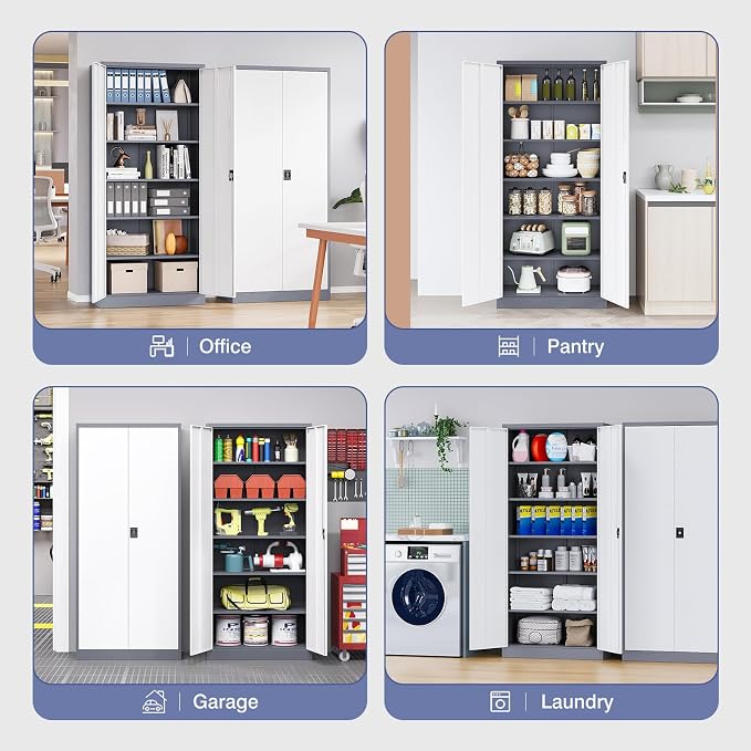 Metal Cabinet,Locking Storage Cabinet with 2 Doors and 5 Adjustbale Shelves,72" Tall Tool Steel Cabinets for Garage,Home Office,School,Gym(Grey & White)