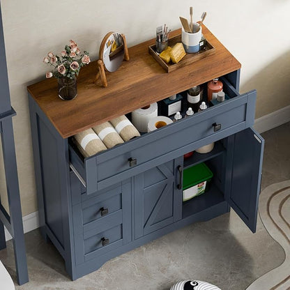 Vabches Farmhouse Storage Cabinet with 2 Doors and 4 Drawers, Freestanding Bathroom Storage Cabinet Kitchen Pantry, Floor Hutch Cupboard for Living Room/Bathroom/Kitchen,Blue