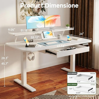 GTPLAYER Electric Standing Desk with Drawers, 55 x 24 Inches Height Adjustable Computer Desk with Monitor Stand, Laptop Stand, Home Office Sit Stand Up Desk with Memory Preset, White