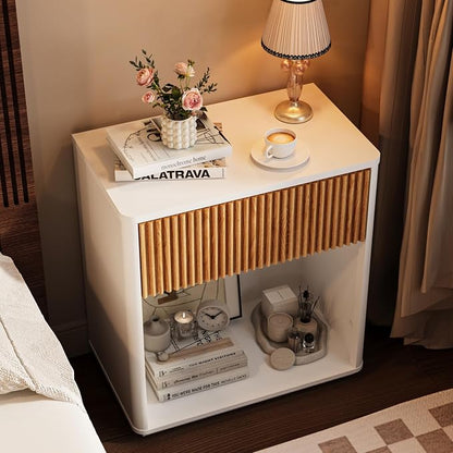 Modern Fluted Nightstand Set of 2 for Bedroom, Mid Century Bedside Table with Drawer & Open Shelf, Wood End Table, Farmhouse Night Stand for Home, Hallway, Office, White