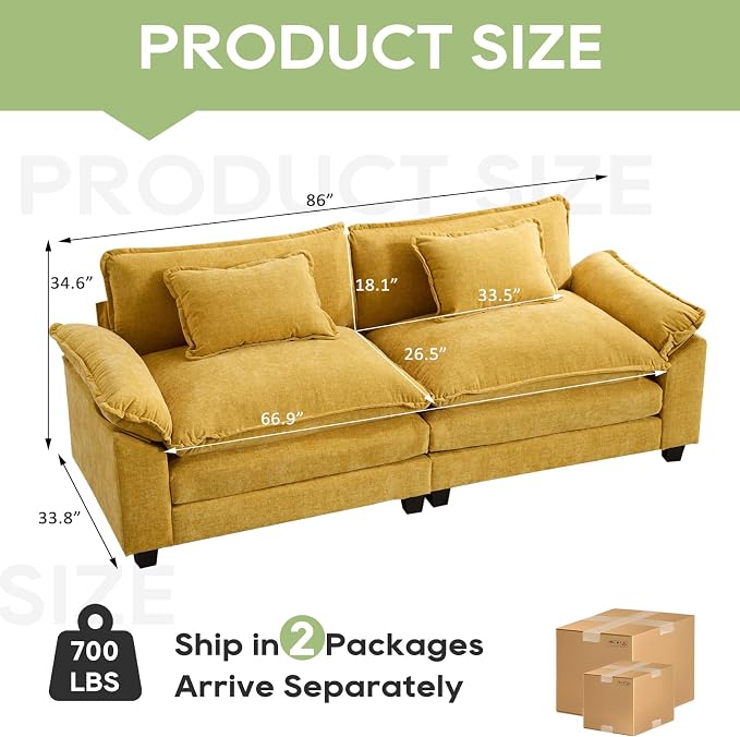Oprisen 86" Modular Sectional Sofa, Comfy Cloud Couch Sectional Sofa, Chenille Sofa Sleeper Deep Seat Sofa with Throw Pillows for Living Room (Yellow, 86"- Loveseat)