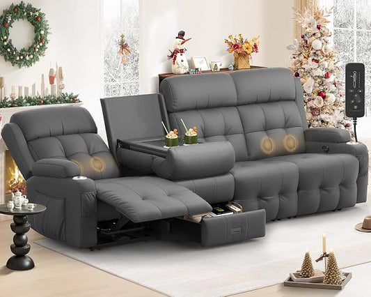 Reclining Couch, 113" PU Leather Sofa Recliner with Massage - 4 Seat Home Theater Seating Comfy Soft, Manual Wall Hugger Reclining with Lumbar Support Sofa Set for Family Living Room, Dark Gray