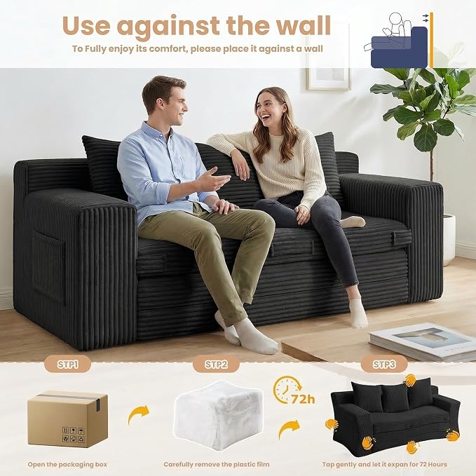Boneless Couch Sofa Bed, 70'' Convertible Tri-Folding Futon Sleeper with Handle & Side Pockets, Pull Out Couch Bed with Hook and Loop No Assembly for Small Space,Living Room & Bedroom