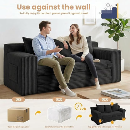 Boneless Couch Sofa Bed, 70'' Convertible Tri-Folding Futon Sleeper with Handle & Side Pockets, Pull Out Couch Bed with Hook and Loop No Assembly for Small Space,Living Room & Bedroom
