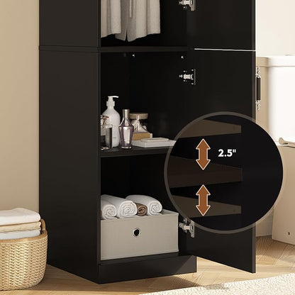 MEISSALIVVE Armoire Wardrobe Closet with 2 Door & Shelves, 74.8" Large Wardrobe Cabinet with Hanging Rod, Freestanding Modern Bedroom Armoire Storage Cabinet, Black