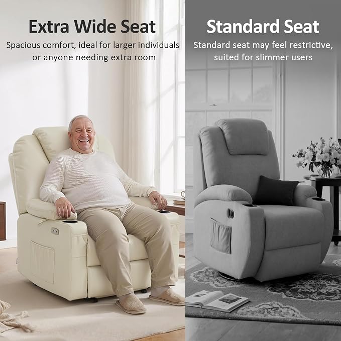 MCombo Oversized Power Lift Recliner Chair for Elderly, Lift Chair with Heat and Massage for Big and Tall, USB&Type C Ports, Cup Holders, Faux Leather R7510 (Cream White, Large-Wide)