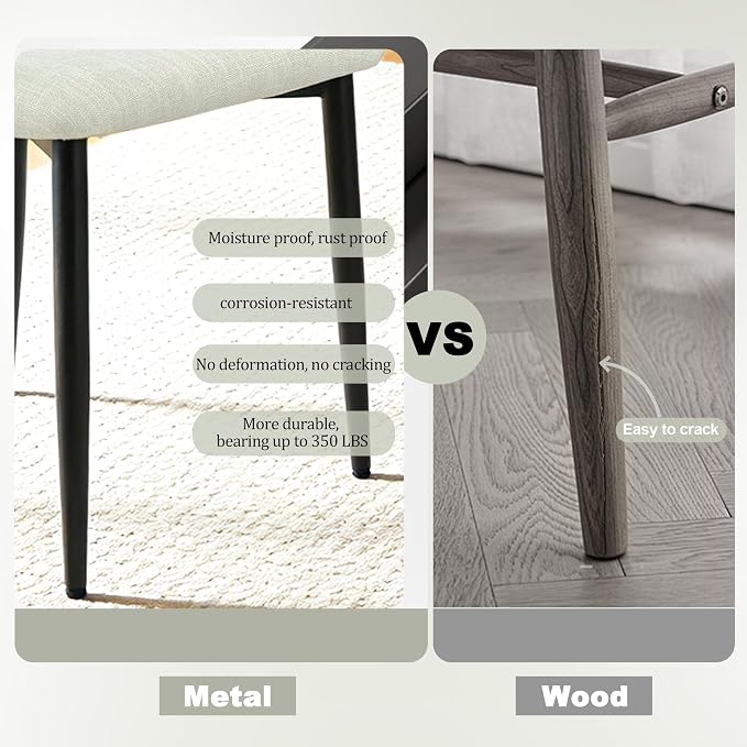 FREKEN Modern Upholstered Dining Chairs Set of 4, Mid-Century Metal Frame Linen Fabric Side Chair for Kitchen Dining Room, 350lbs Capacity, Beige