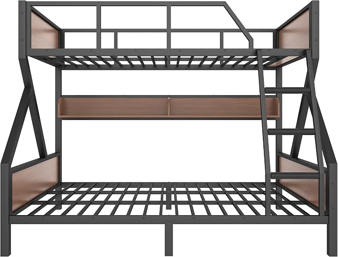 Bellemave Bunk Bed Full XL Over Queen with LED, Heavy Duty Metal Bunk BedFrame with Storage Shelves and Lights, Woodgrain+Black