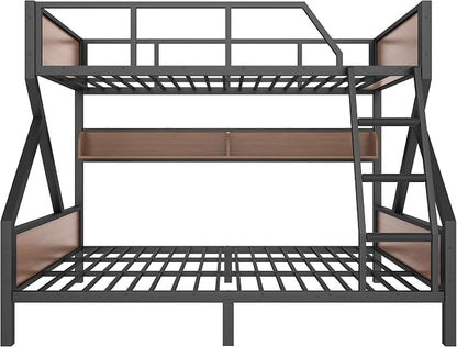 Bellemave Bunk Bed Full XL Over Queen with LED, Heavy Duty Metal Bunk BedFrame with Storage Shelves and Lights, Woodgrain+Black