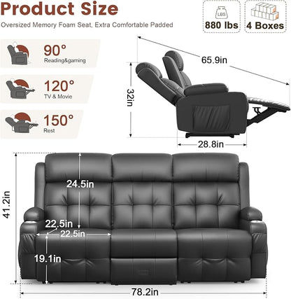 Recliner Sofa, Massage Reclining Sofa 3 Seater Sets Heavy Weight Capacity, RV Loveseat Couch Clearance with Flip Back Console, Storage, Cup Holders, Wall Hugger Reclining Couch for Living Room