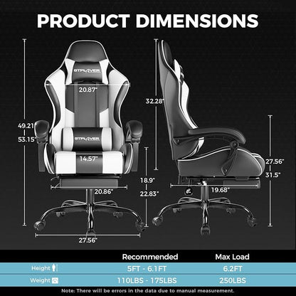 GTPLAYER Gaming Chair, Computer Chair with Footrest and Lumbar Support, Height Adjustable Game Chair with 360°-Swivel Seat and Headrest and for Office or Gaming (White)