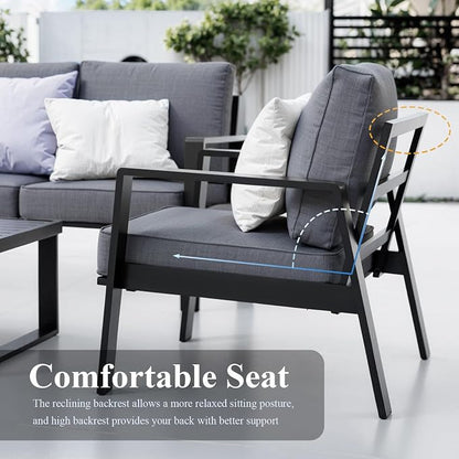 2 Pieces Aluminum Outdoor Armchair, Oversized Patio Couch, Modern Sofa All Weather Metal Furniture Set with 5" Cushions (Black/Dark Grey)