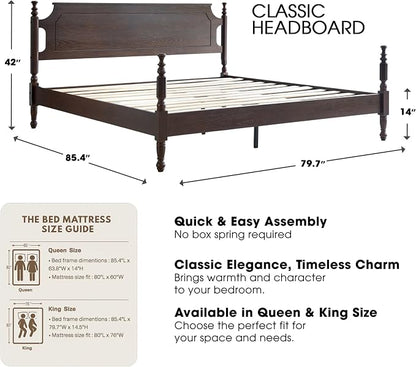 Solid Wood King Size Platform Bed Frame with Headboard & Footboard, 12 Strong Slats Base, Metal Legs, No Box Spring Needed, Easy Assembly, Anti-Noise & Slip-Free, Dark Roast Oak Finish, ROK-32