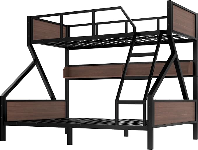 Bellemave Bunk Bed Twin XL Over Queen with LED, Heavy Duty Metal Bunk BedFrame with Storage Shelves and Lights, Black