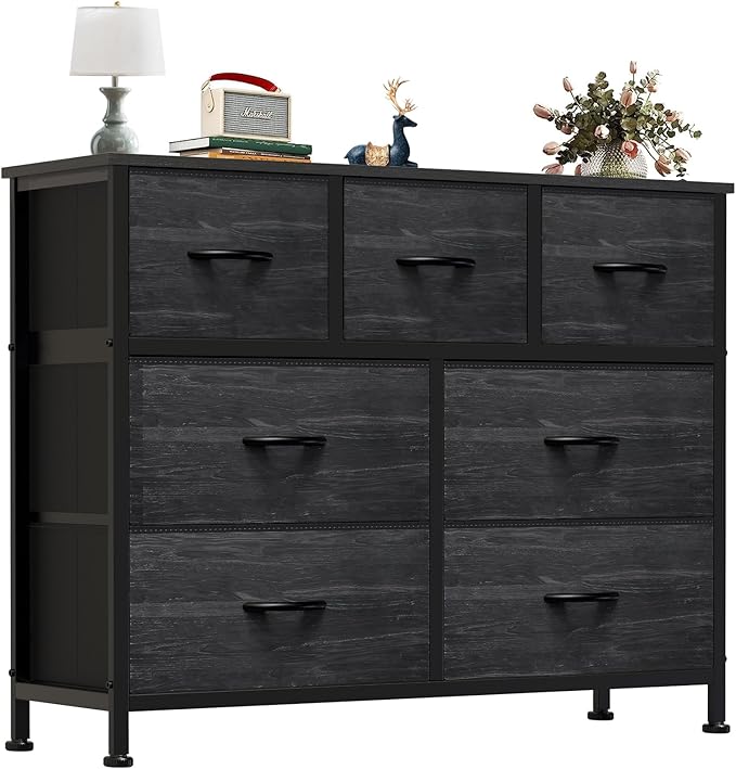 OLIXIS 7 Drawers Dresser for Bedroom, Fabric Storage Tower for Living Room, Entryway - Sturdy Steel Frame, Wooden Top and Easy Pull Fabric Bins, Closet Chests Organizer for Clothes,Black Wood Grain
