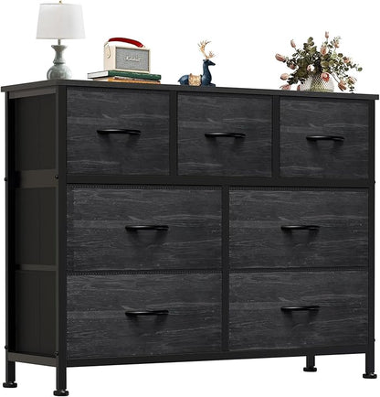 OLIXIS 7 Drawers Dresser for Bedroom, Fabric Storage Tower for Living Room, Entryway - Sturdy Steel Frame, Wooden Top and Easy Pull Fabric Bins, Closet Chests Organizer for Clothes,Black Wood Grain
