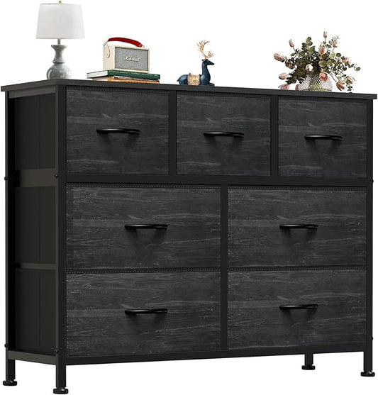 OLIXIS 7 Drawers Dresser for Bedroom, Fabric Storage Tower for Living Room, Entryway - Sturdy Steel Frame, Wooden Top and Easy Pull Fabric Bins, Closet Chests Organizer for Clothes,Black Wood Grain