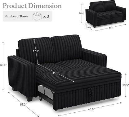 Belffin Corduroy Sectional Sleeper Sofa with Pull Out Bed Modular Sectional Loveseat Sofa Bed for Living Room Black Couch