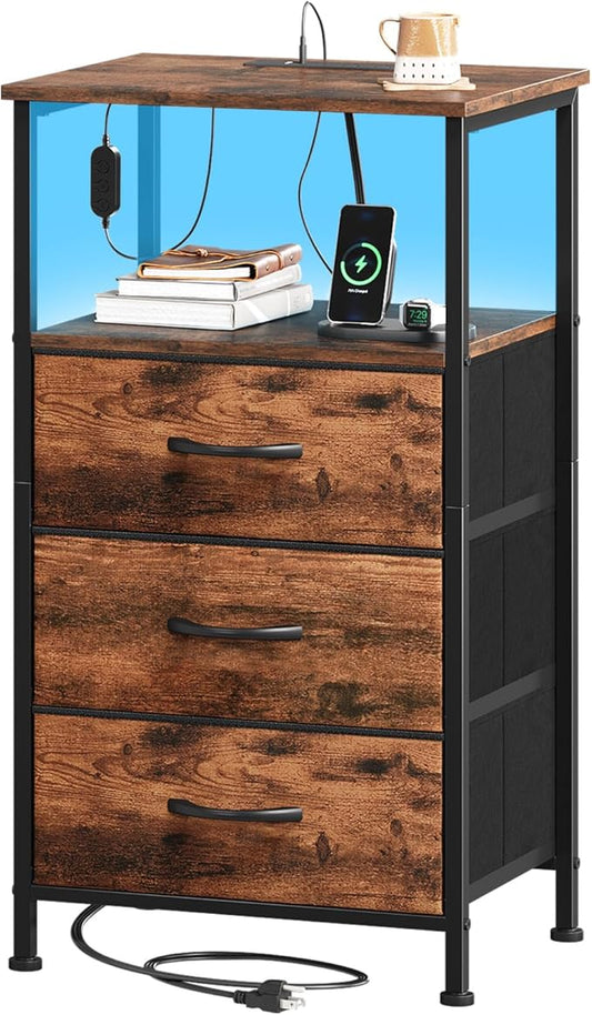 Somdot Tall Nightstand with Charging Station and LED Light for Bedroom, 3 Drawers Dresser with Fabric Bins for Bedside Kids Dorm Room Closet Laundry Entryway, Wood Grain Print