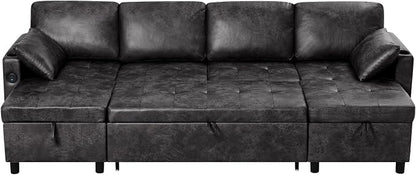 110 inches Suede Leather Sleeper Sofa w/Pull Out Bed, U-Shape Sectional Sofa Bed w/Adjustable Backrest and Storage Chaises, 4-Seats Upholstered Sofa Bed w/USB Port for Living Room, Black