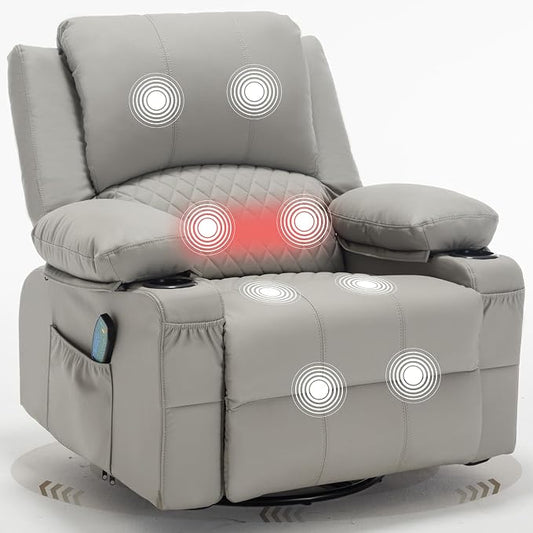 Faux Leather Recliner Chair with Heat and Massage Cup Holder, Overstuffed Swivel Rocker Recliner Chair Rocking Glider Chair Lounge Chair, Light Grey